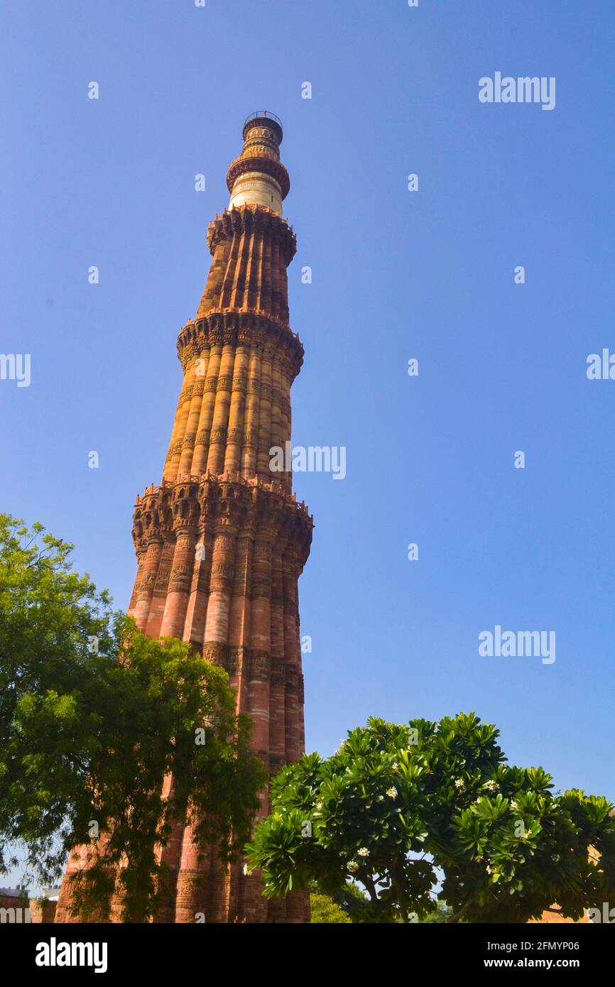 The Qutb Minar, also spelled as Qutub Minar and Qutab Minar, is a minaret and "victory tower" that forms part of the Qutb complex, a UNESCO World Heri Stock Photo
