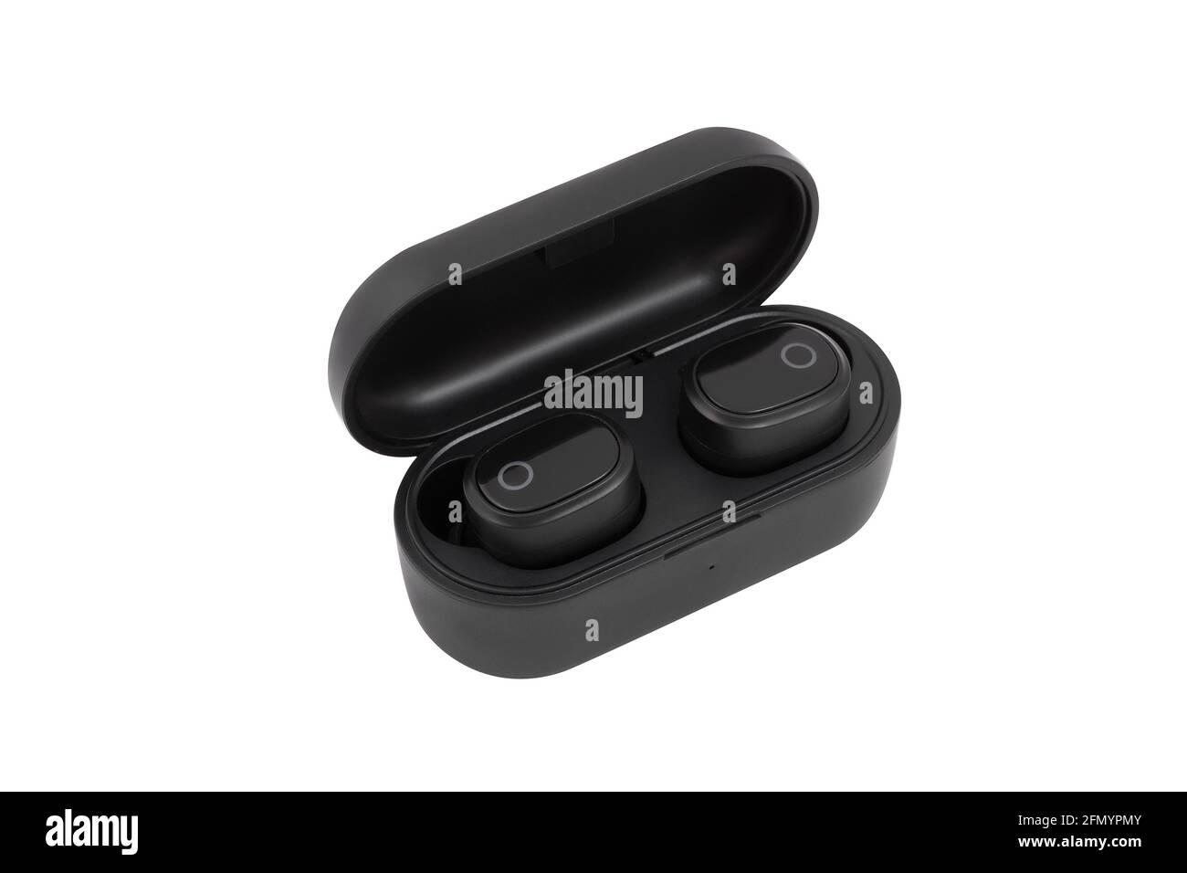 Side view of black wireless earbuds headphones in charge case. Black earpieces isolated on white background. Stock Photo
