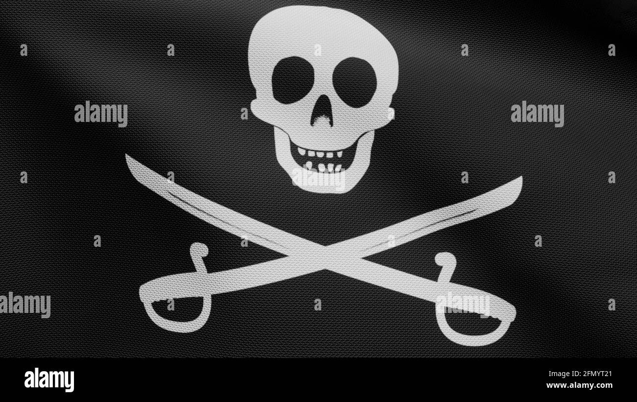 3D, fabric texture of the pirate skull with sabers flag waving in wind ...