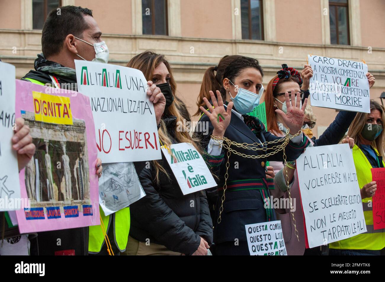 Rome, Italy 28/04/2021: Alitalia workers' protest, Piazza San Silvestro. © Andrea Sabbadini Stock Photo