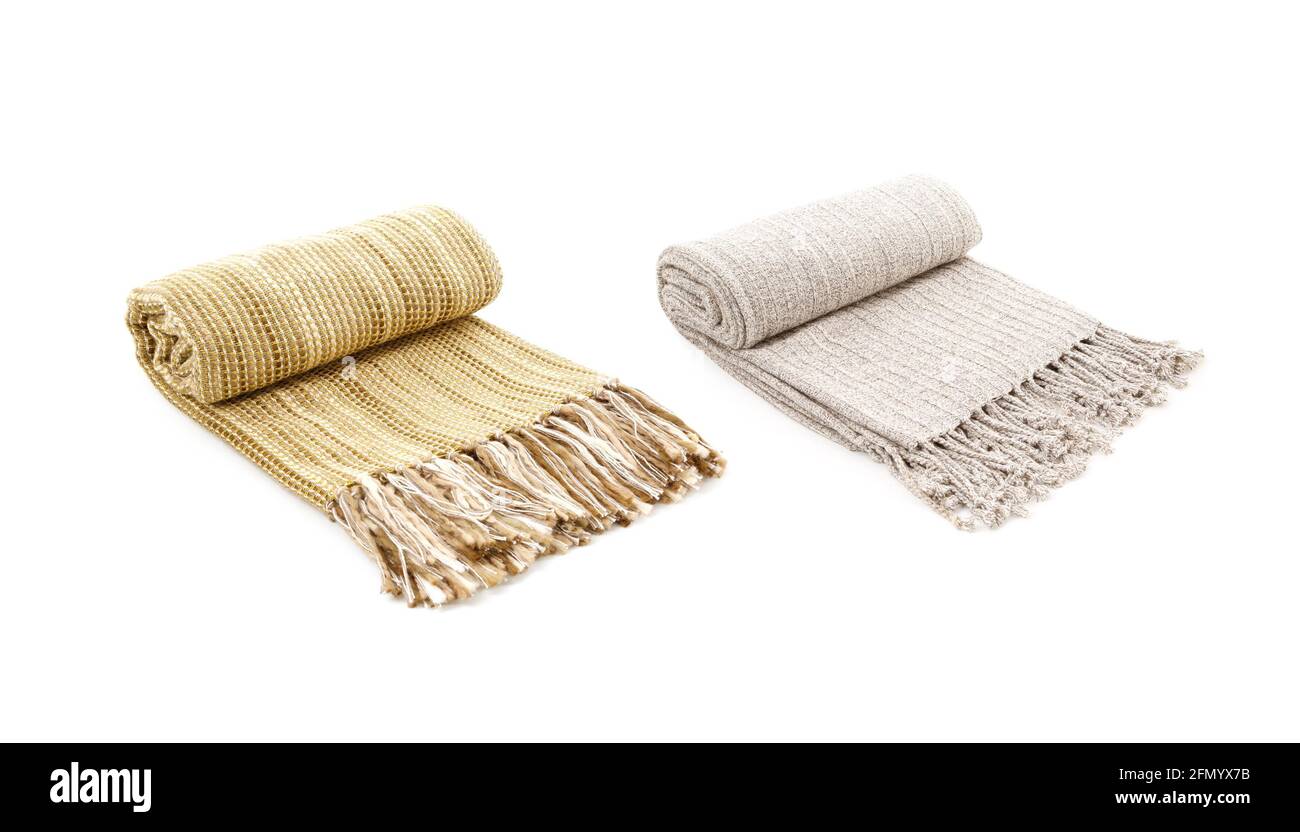 Rolled Two wool blankets isolated on white background Stock Photo
