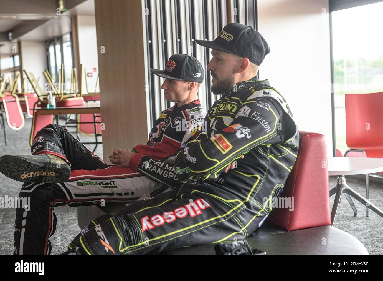MANCHESTER, UK. MAY 12TH:   Steve Worrall and Danny King relax in the Peter Craven suite  Discovery Networks Eurosport Speedway Season Launch at the National Speedway Stadium,  Manchester on Wednesday 12th May 2021 (Credit: Ian Charles | MI News) Stock Photo