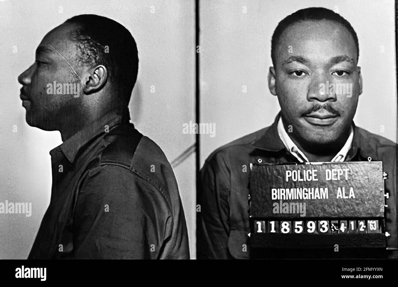 1963 , 12 april , Birmingham , Alabama , USA :  Mugshot of activist in the civil rights movement MARTIN LUTHER KING ( 1929 - 1968 ), taken following his arrest for disorderly conduct . Unknown photographer by Birmingham Police Department . - FOTO SEGNALETICA - portrait - ritratto - DIRITTI CIVILI - CIVIL RIGHTS - AFROAMERICANI - AFROAMERICANS - Afro Americani - Afro americans - ATTIVISTA - abolizione separazionismo apartaid  --- Archivio GBB Stock Photo