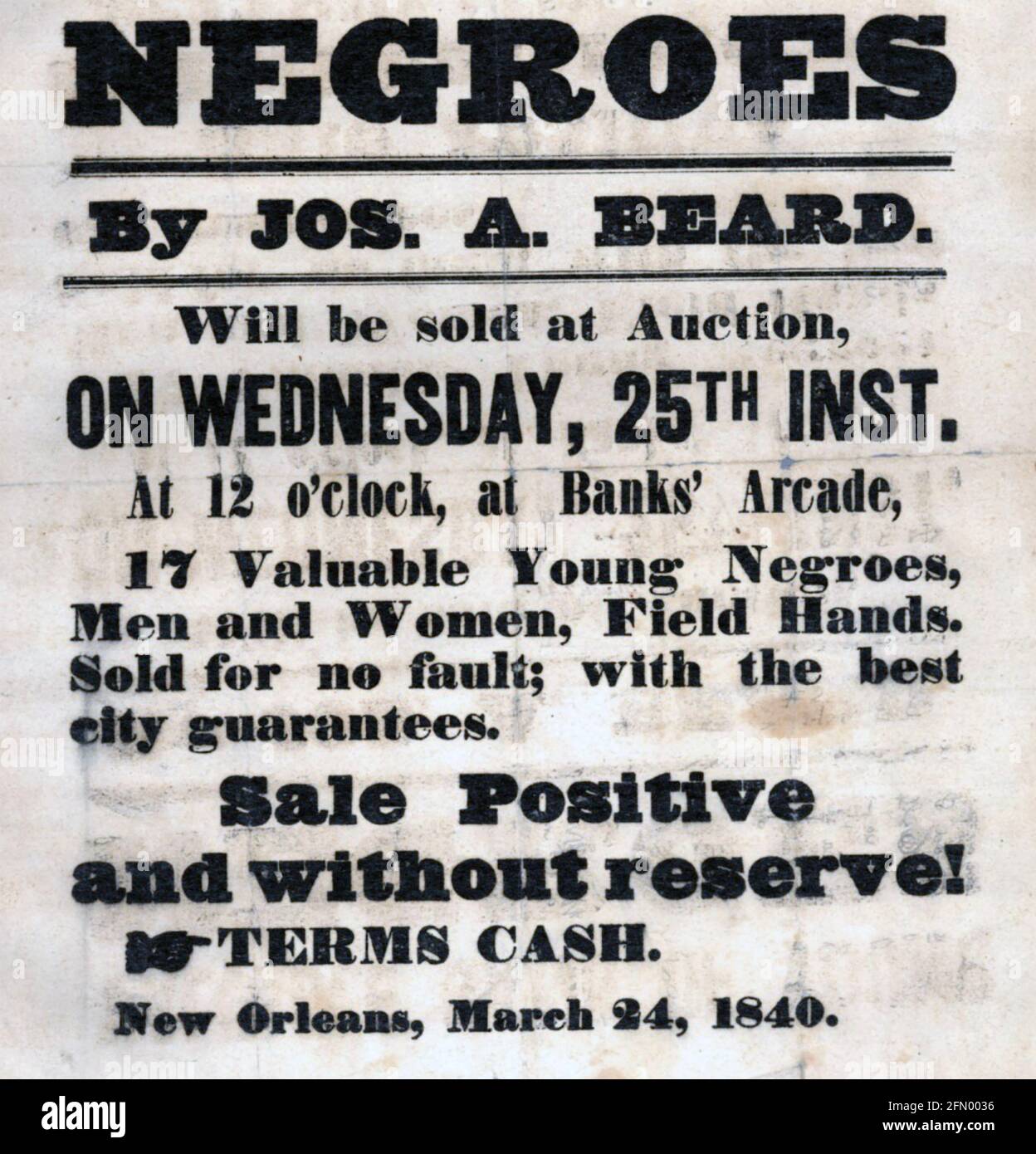SLAVE AUCTION notice, New Orleans, 1840 Stock Photo