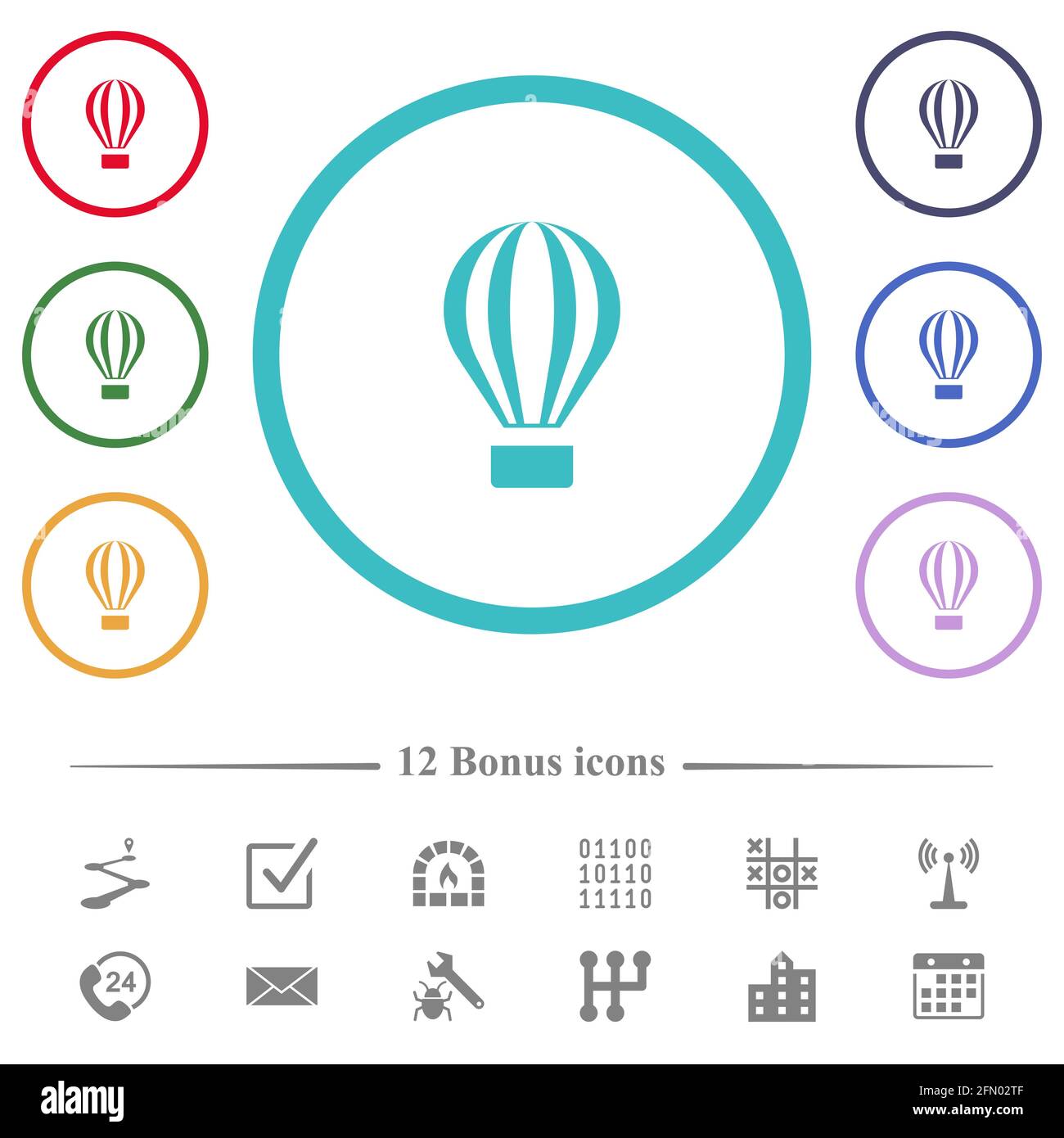 Air balloon flat color icons in circle shape outlines. 12 bonus icons ...