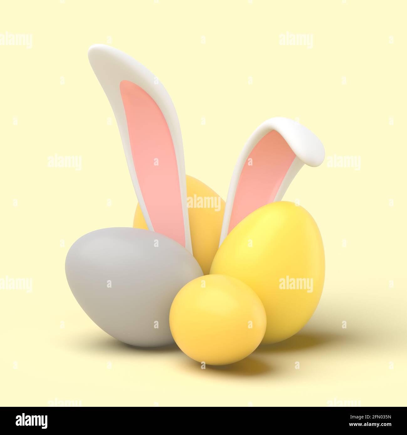 3d simple easter bunny rabbit hiding in eggs on yellow pastel background 3d illustration. Easter holiday concept 3d render. Stock Photo