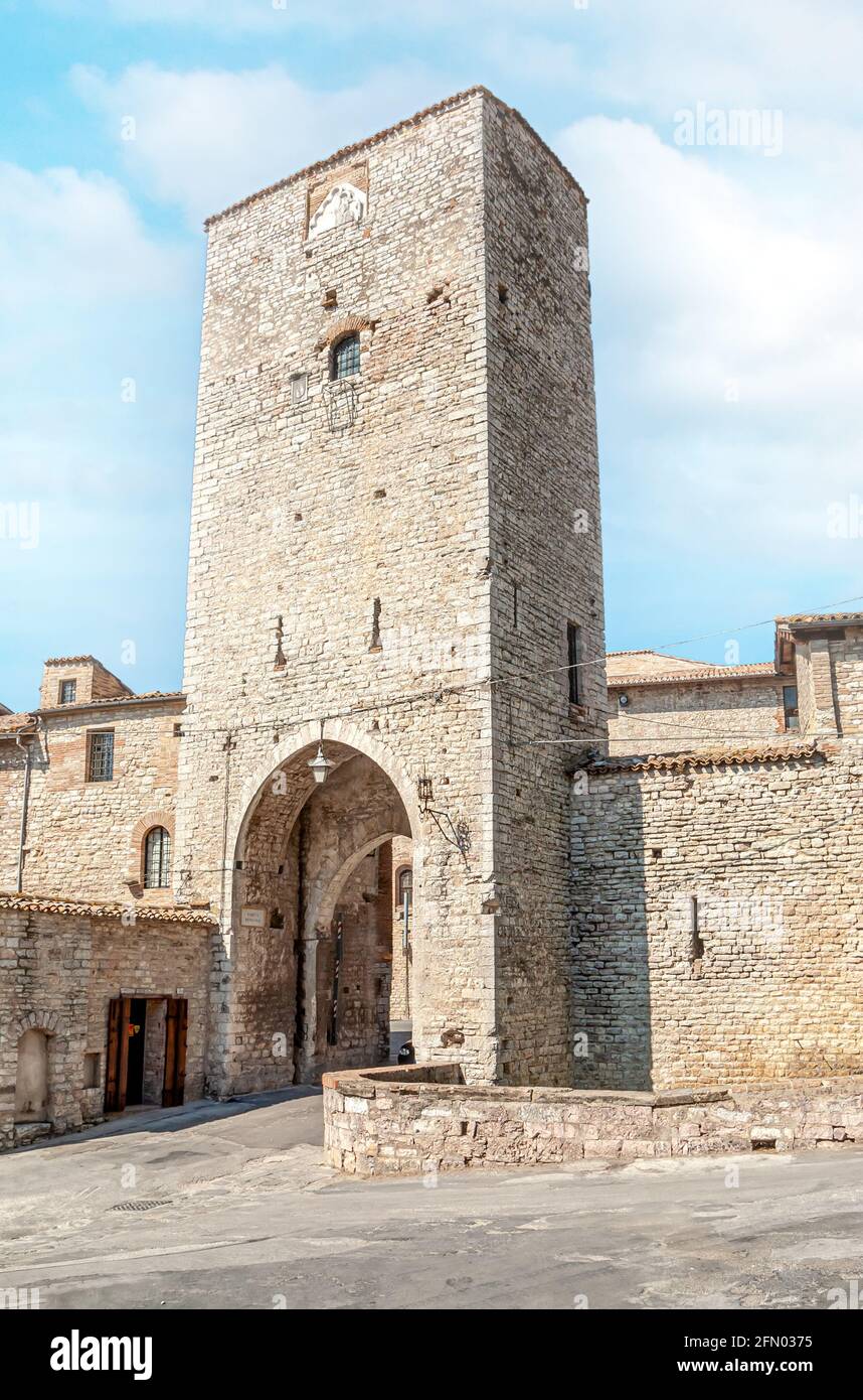 The Tower of Porta San Augustine, or Porta Romana in Gubbio, Umbria, Italy Stock Photo