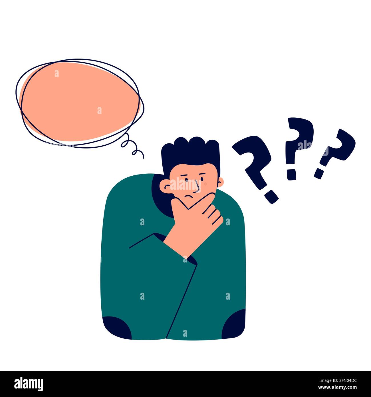 Dilemma and doubt concept. Thinking man, question mark and bubble of thoughts. Trend vector illustration isolated on white background. Stock Vector
