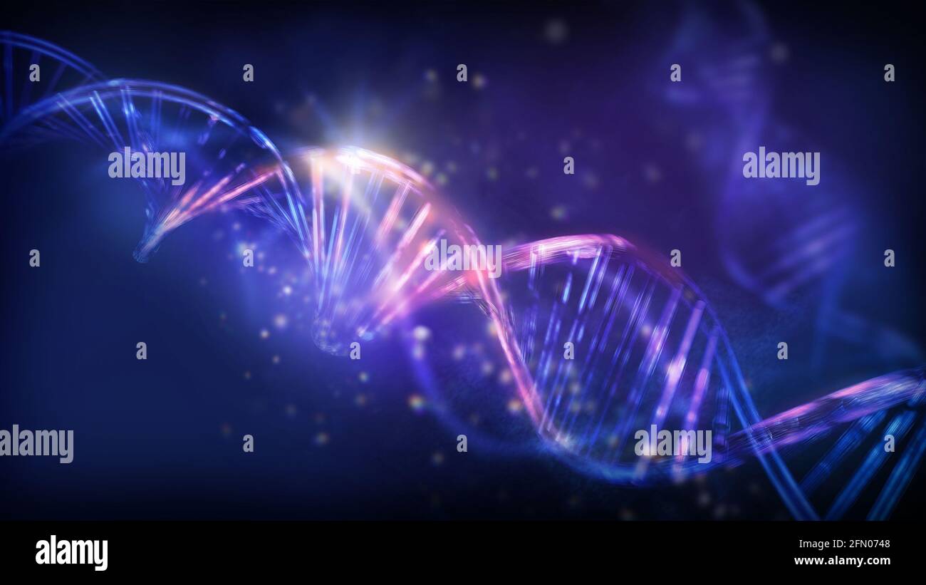 Luminous double helix strands of abstract DNA, 3D render. Stock Photo