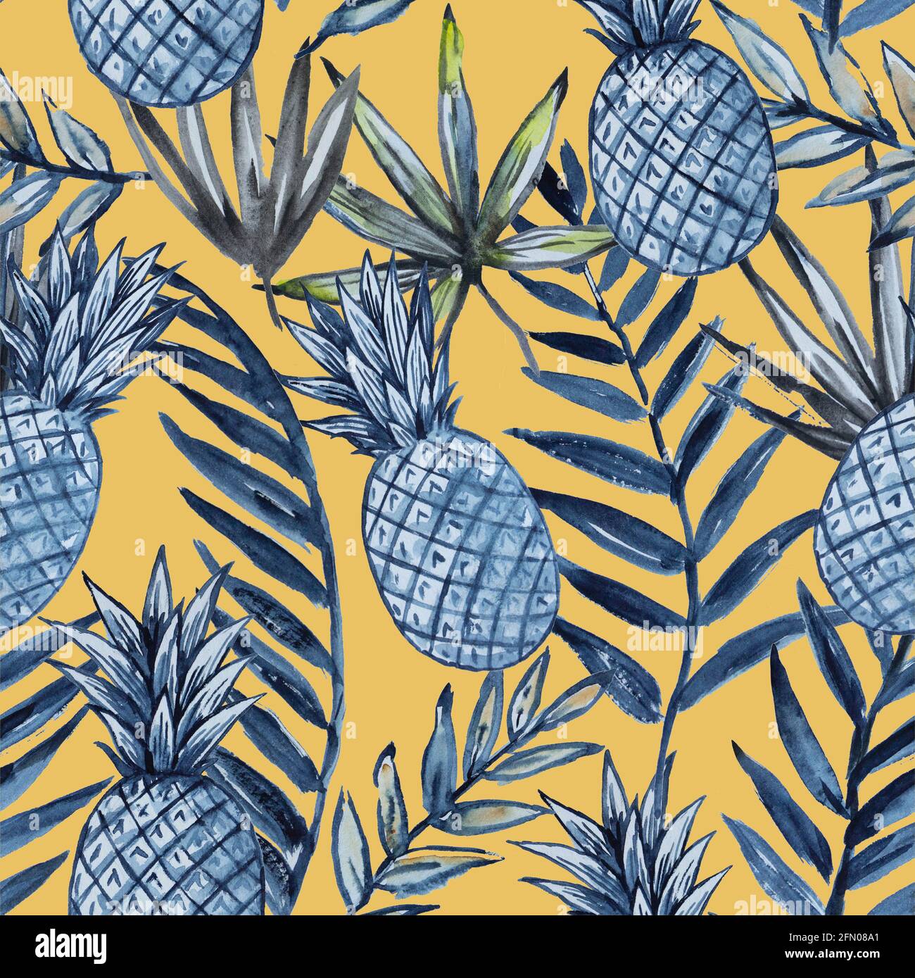 Watercolor seamless pattern with pineapples and tropical leaves Stock ...