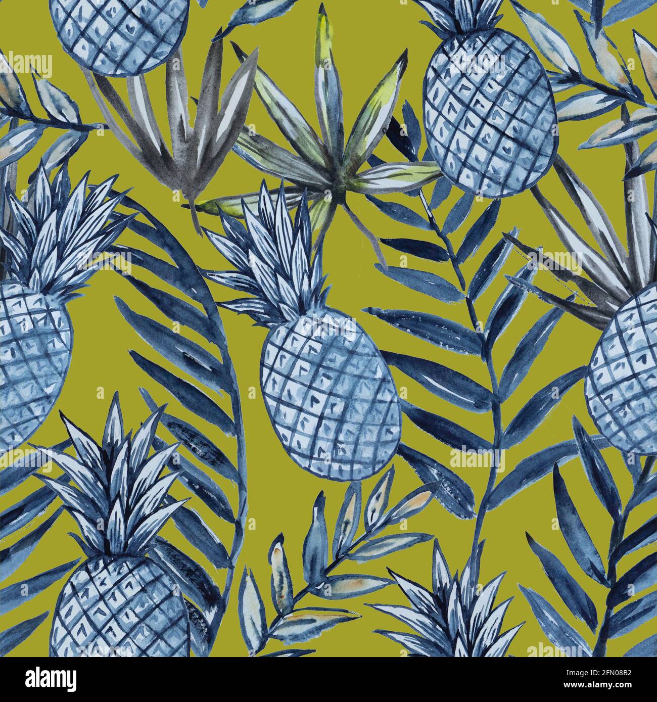 Watercolor seamless pattern with pineapples and tropical leaves Stock ...
