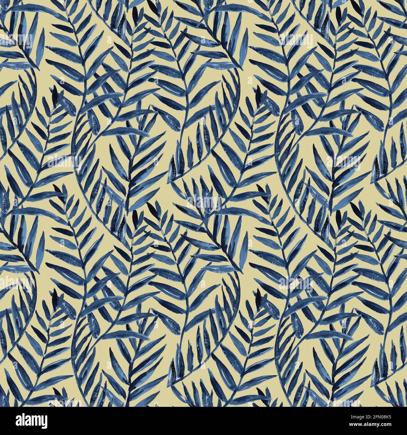 Original seamless pattern with blue tropical palm leaves. Watercolor ...