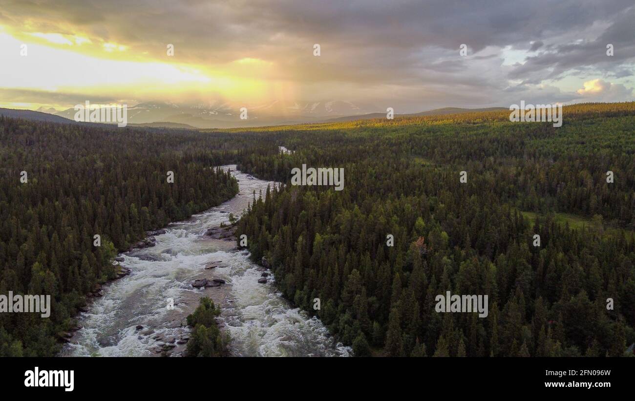 Drone view of the forests and mountains of Kvikkjokk, Swedish Lapland, July 2020. Stock Photo