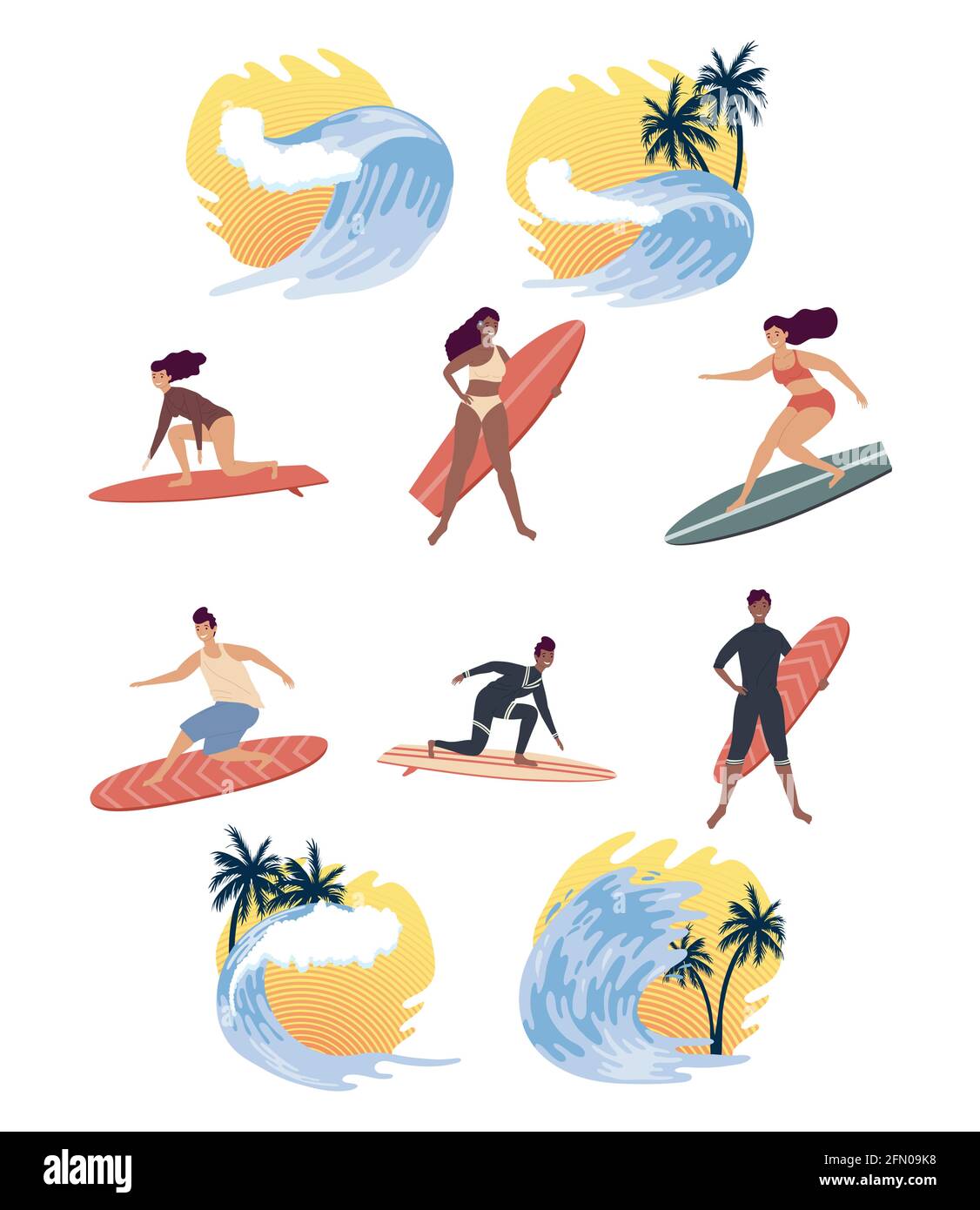 six surfers and waves set icons Stock Vector Image & Art - Alamy