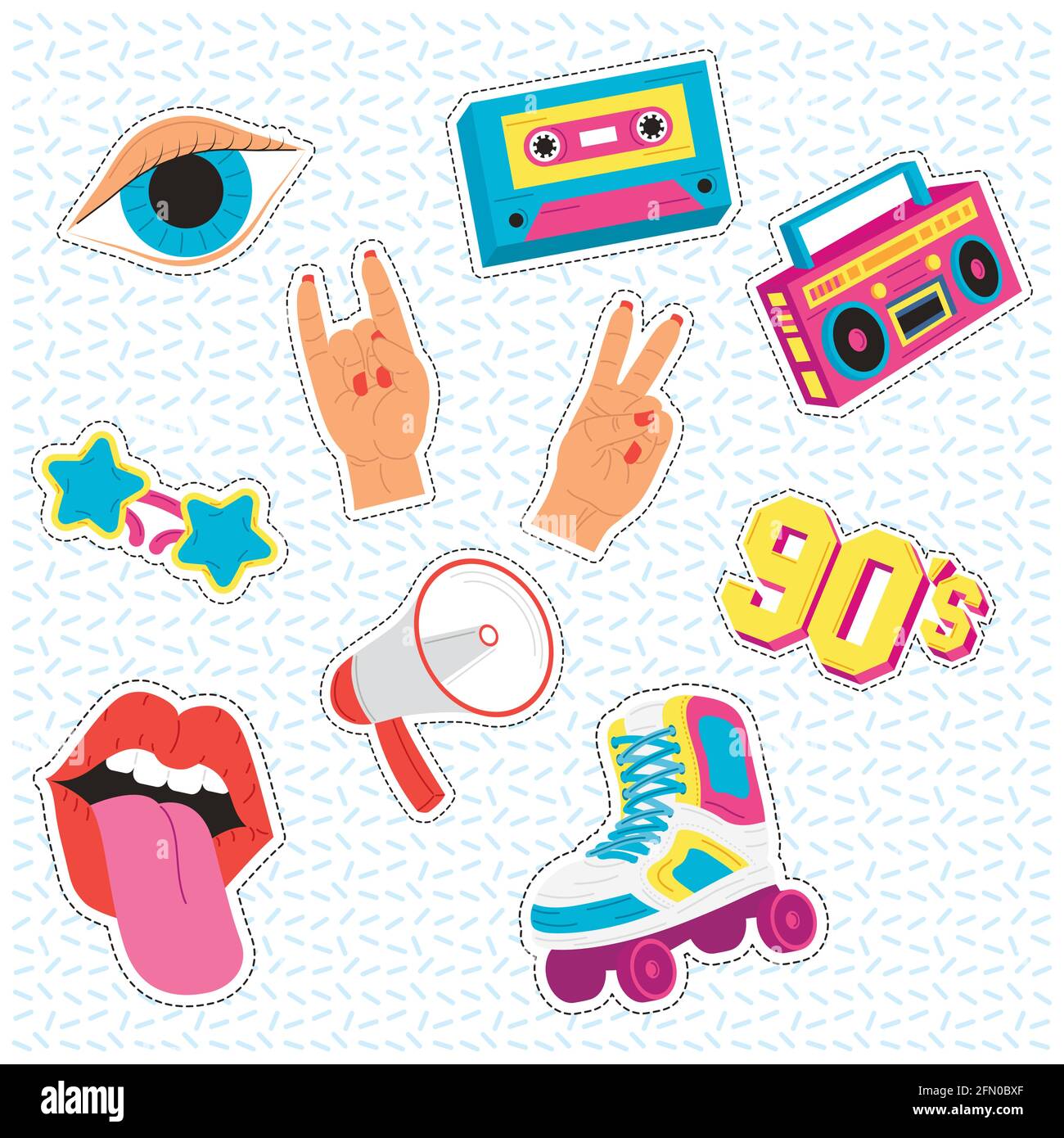 Collection of colorful stickers, icons in 90s style. Retro set from the era  of the 90s. Vintage tetris, tamagotchi, cassette,roller skates,diskette  Stock Vector Image & Art - Alamy
