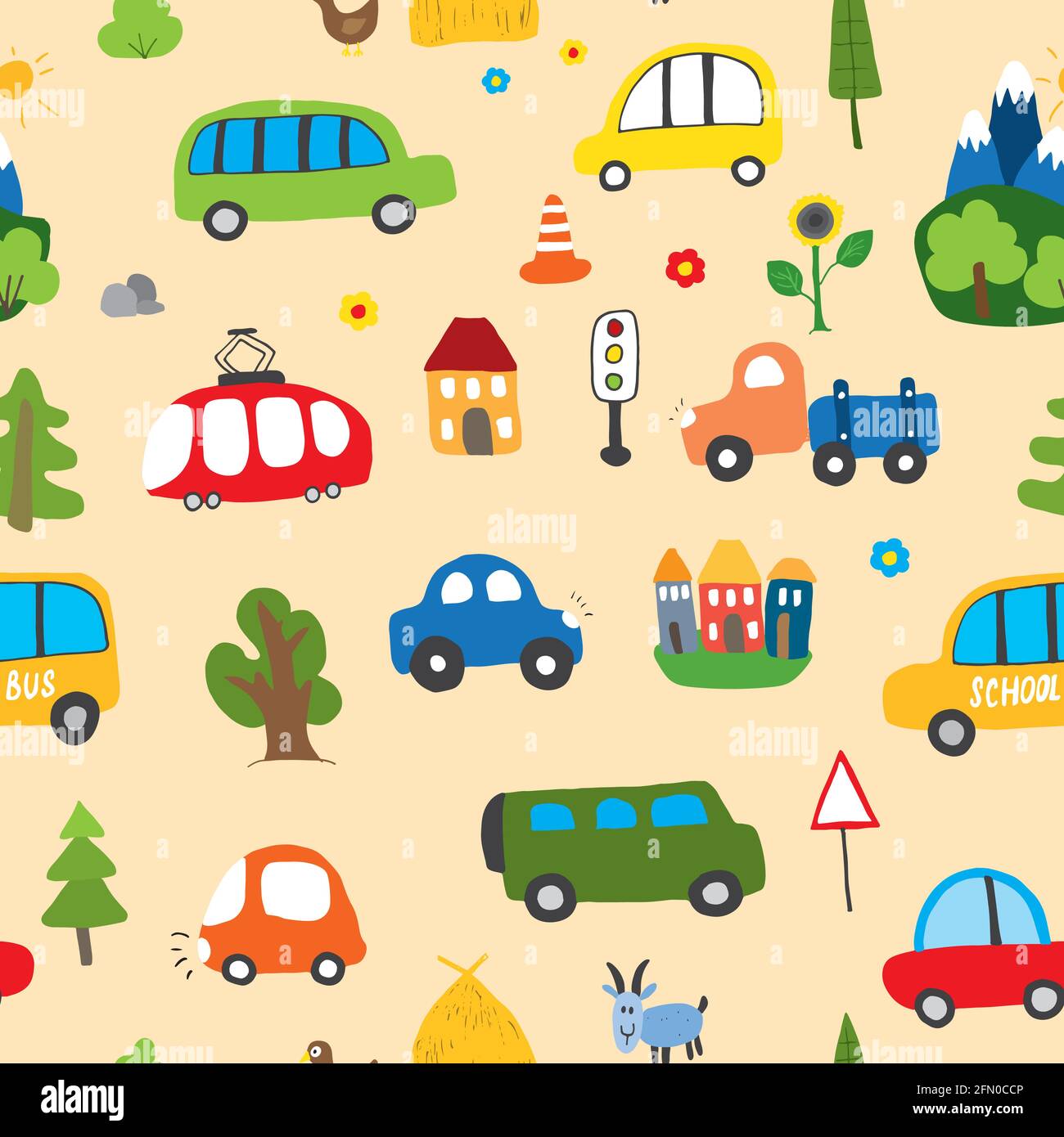 Cute Cars Seamless Pattern, Cartoon transportation Doodles Background