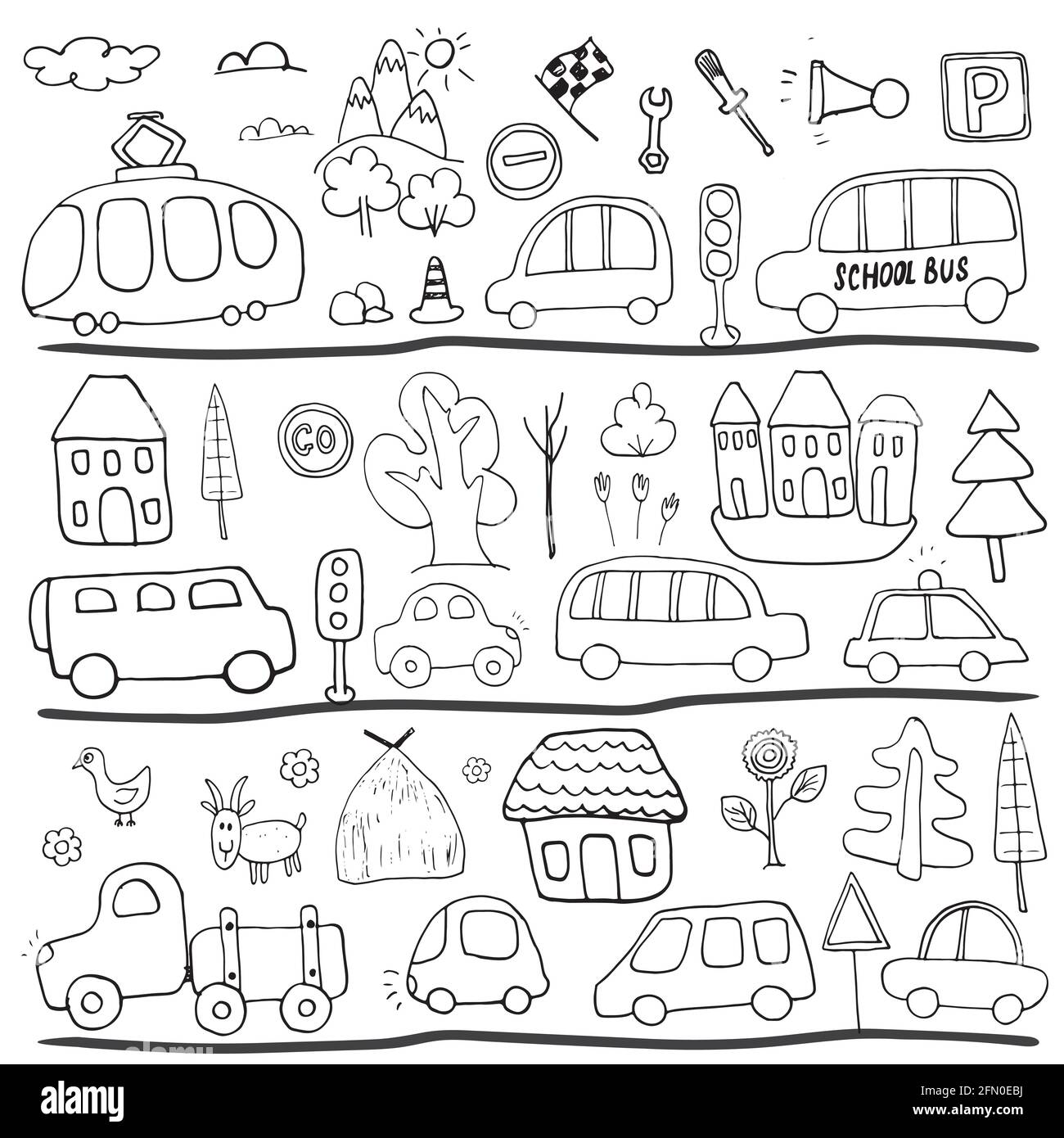 Cars Cartoon Set. Cute transport Doodles collection, vector
