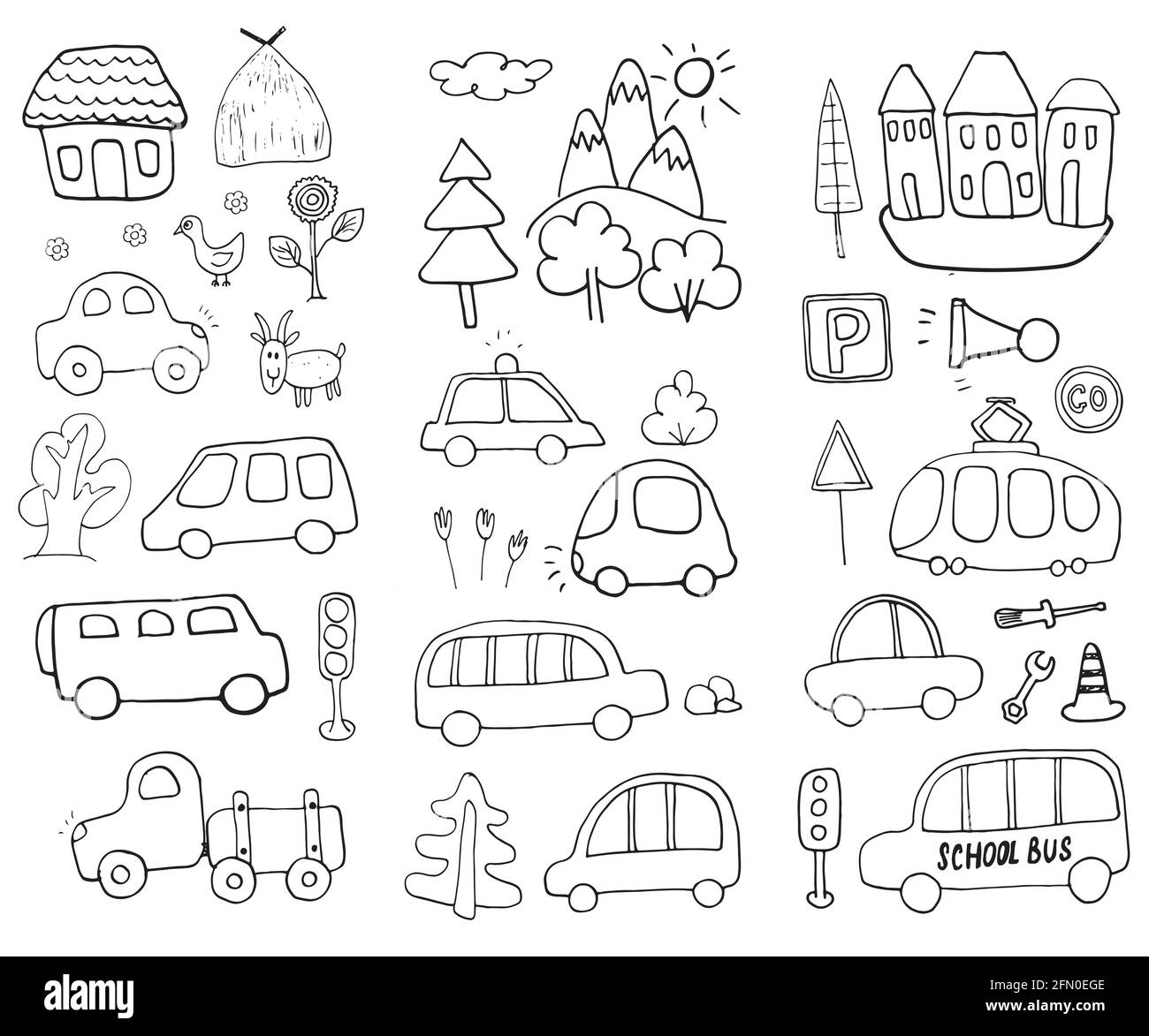 Cars Cartoon Set. Cute transport Doodles collection, vector