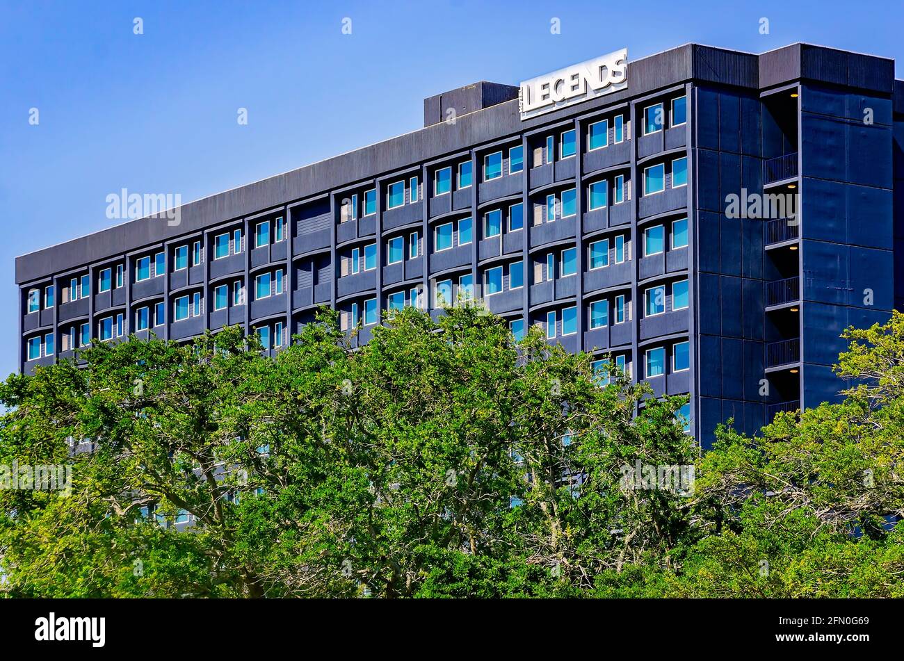 Hotel Legends is pictured, May 8, 2021, in Biloxi, Mississippi. Lodging & Leisure Investments LLC opened the 132-room, all-suites boutique hotel. Stock Photo