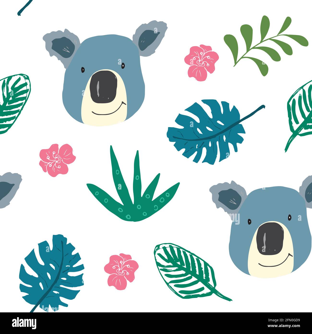 Cute Koala and Tropical plants Seamless pattern. Cartoon Hand Drawn ...