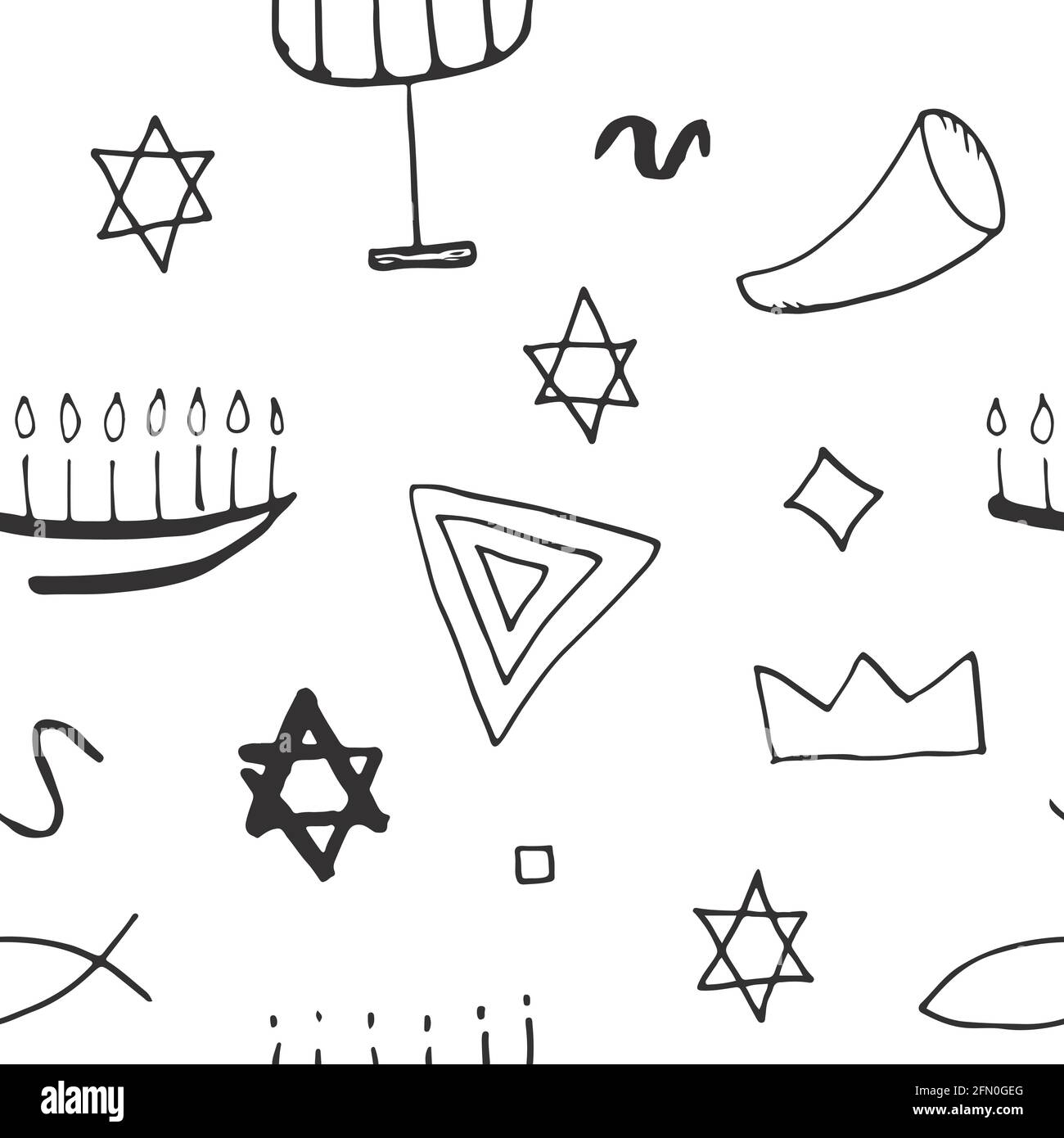 Jewish items seamless pattern, Jewish hand drawn lineart icons ...