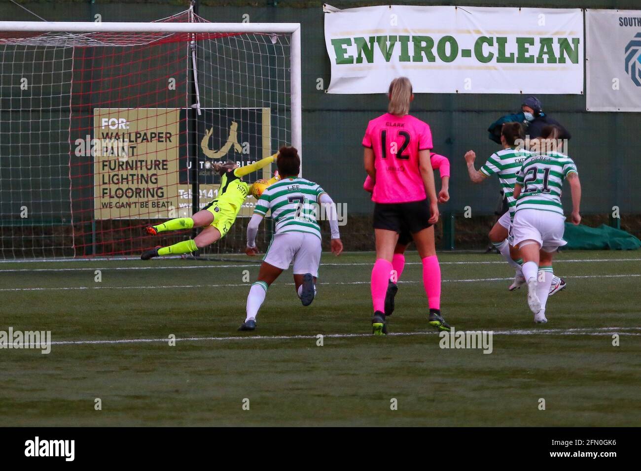 East Kilbride, UK. 12th May, 2021. PENALTY! - Erin Clachers (#25) of Glasgow City FC saves low to her left to keep the scores level during the Scottish Building Society Scottish Women's Premier League 1 Fixture Celtic FC Vs Glasgow City, K-Park Training Academy, East Kilbride, Glasgow, 12/05/2021 | Credit: Colin Poultney/Alamy Live News Stock Photo