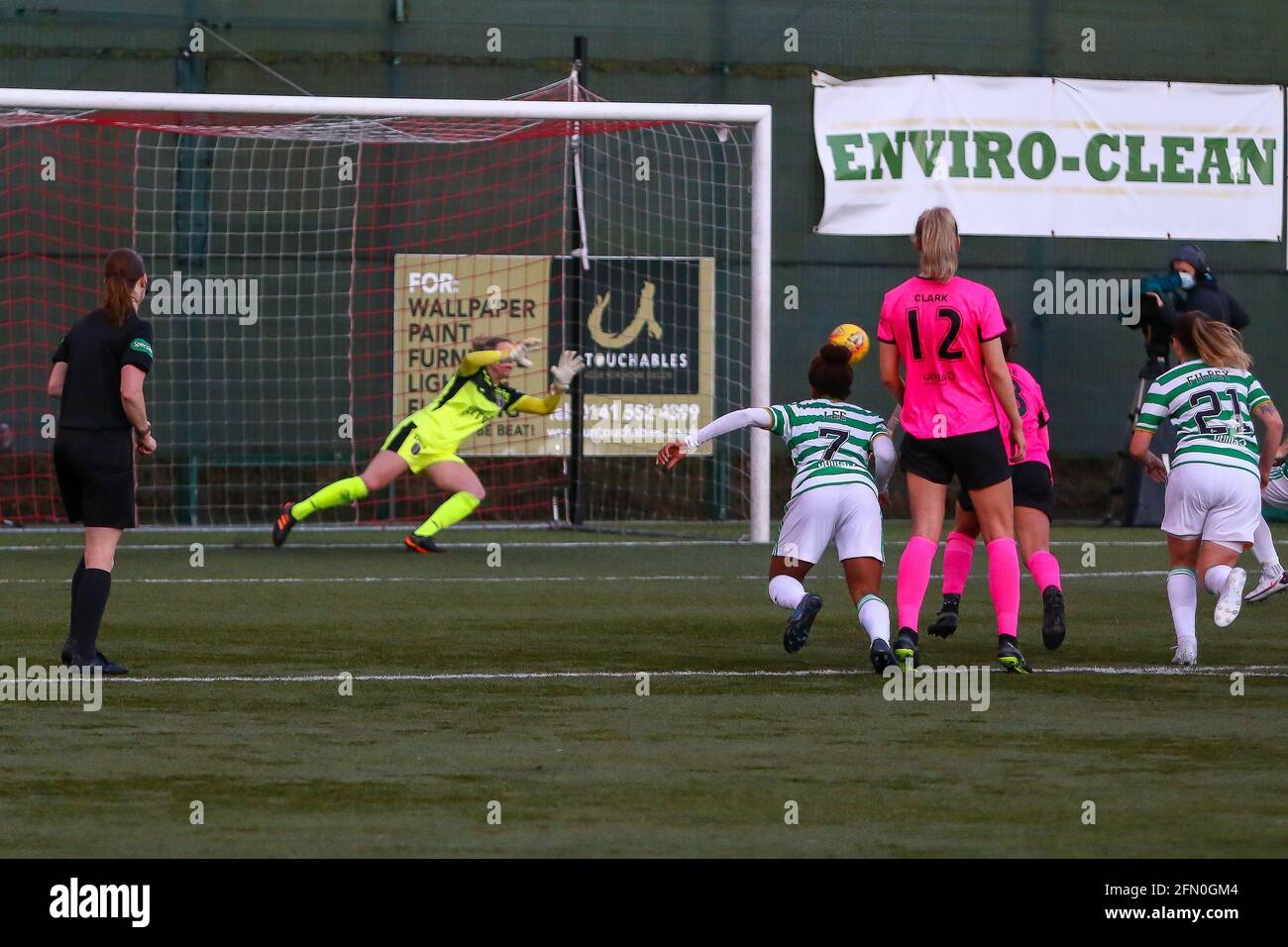 East Kilbride, UK. 12th May, 2021. PENALTY! - Erin Clachers (#25) of Glasgow City FC saves low to her left to keep the scores level during the Scottish Building Society Scottish Women's Premier League 1 Fixture Celtic FC Vs Glasgow City, K-Park Training Academy, East Kilbride, Glasgow, 12/05/2021 | Credit: Colin Poultney/Alamy Live News Stock Photo