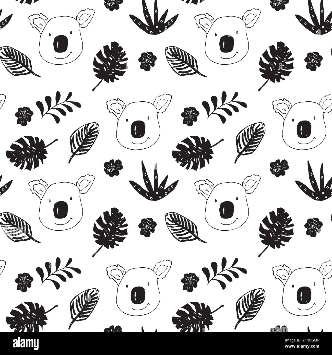Cute Koala and Tropical plants Seamless pattern. Cartoon Hand Drawn ...