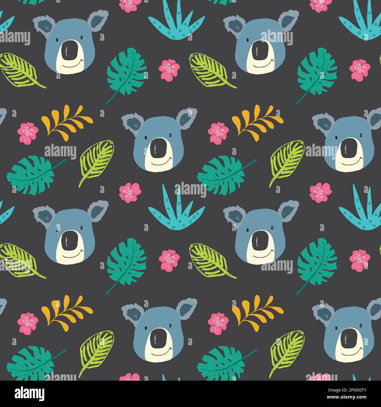 Cute Koala and Tropical plants Seamless pattern. Cartoon Hand Drawn ...