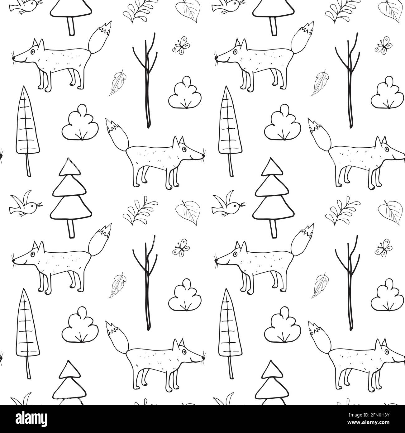 Cute Fox Seamless pattern. Cartoon Animals in forest background. Vector ...