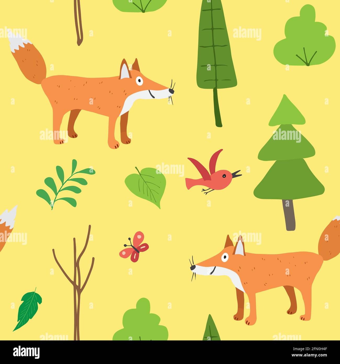 Cute Fox Seamless pattern. Cartoon Animals in forest background. Vector ...