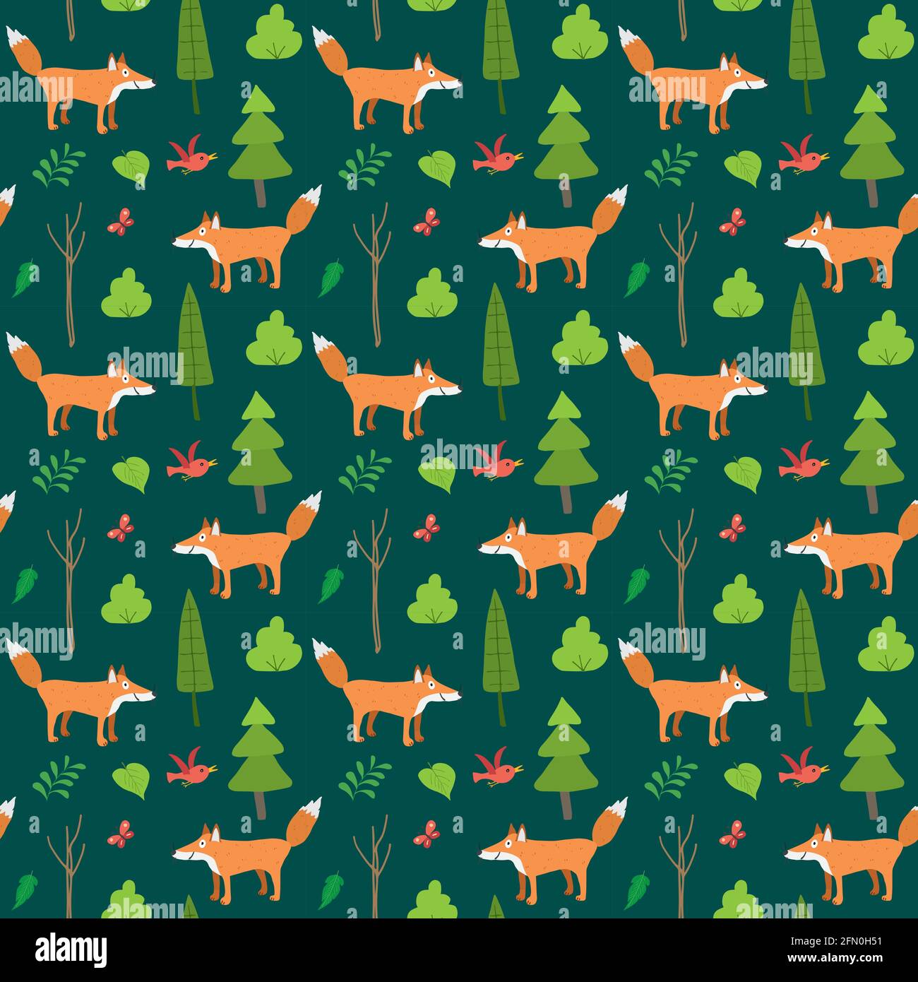 Cute Fox Seamless pattern. Cartoon Animals in forest background. Vector ...