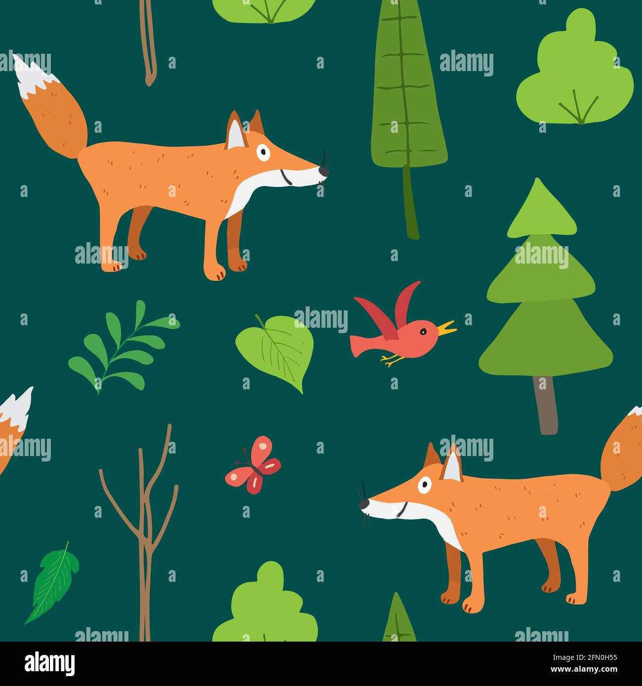 Cute Fox Seamless pattern. Cartoon Animals in forest background. Vector ...