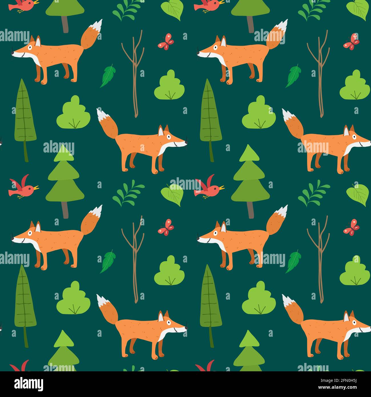 Cute Fox Seamless pattern. Cartoon Animals in forest background. Vector ...