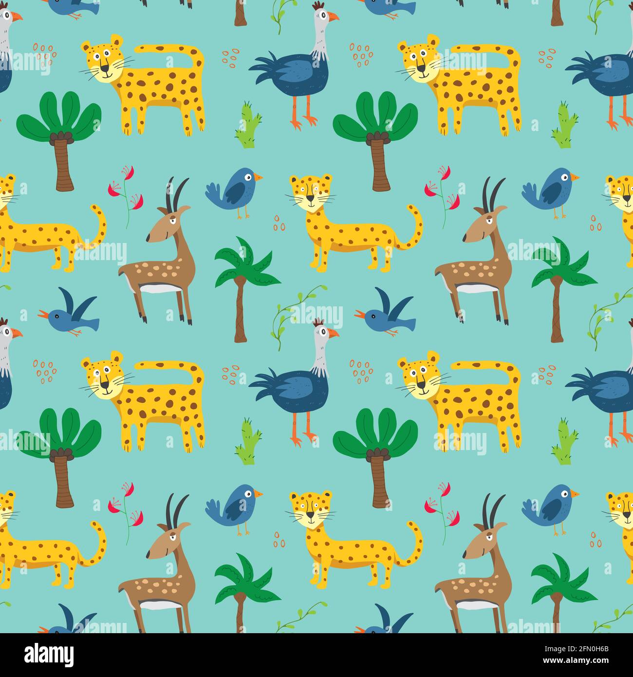 Cute Animals Seamless pattern. Cartoon Animals and Tropical plants ...