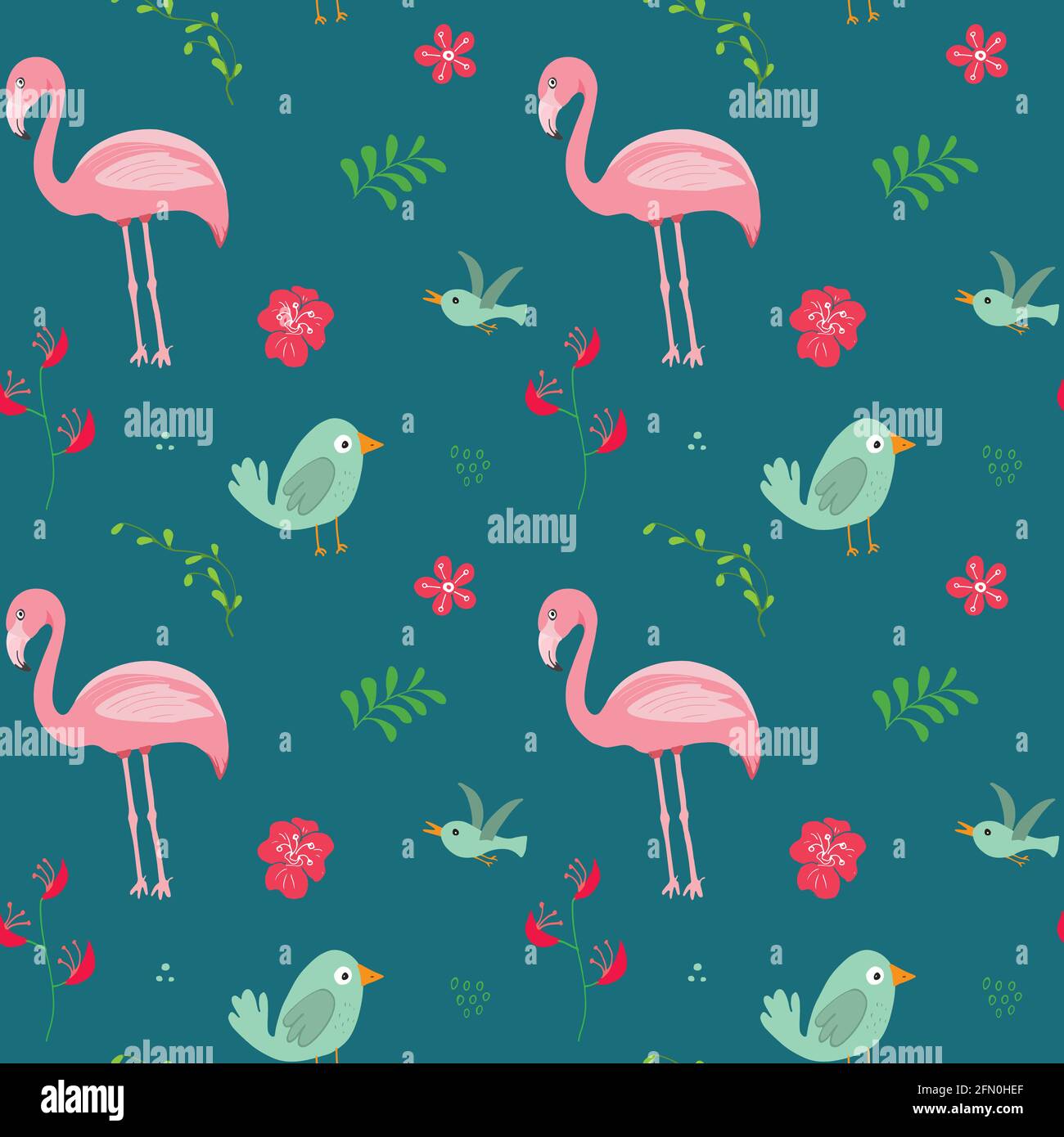 Cute Flamingo and Tropical plants Seamless pattern. Hand Drawn Animal ...