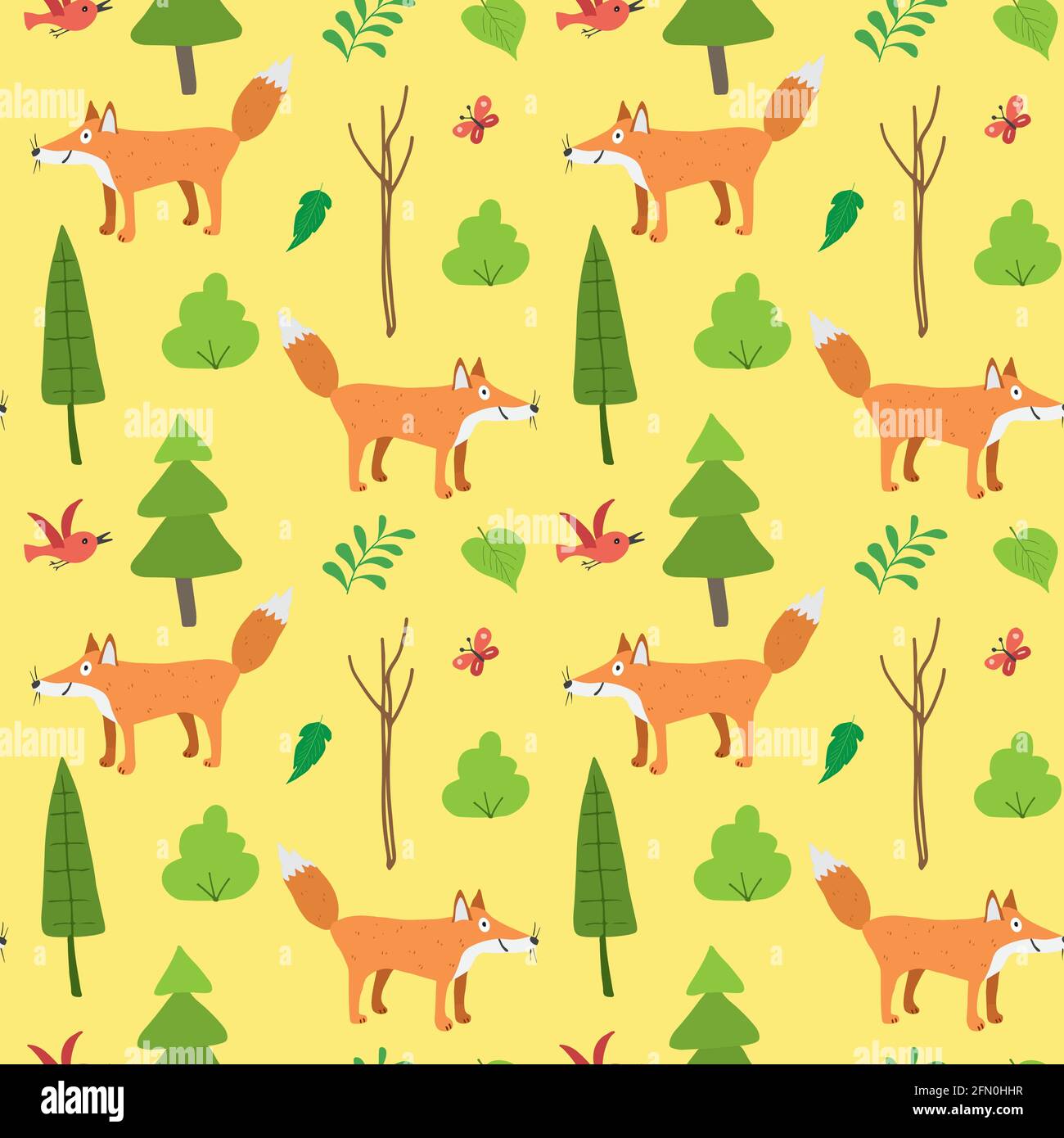 Cute Fox Seamless pattern. Cartoon Animals in forest background. Vector ...