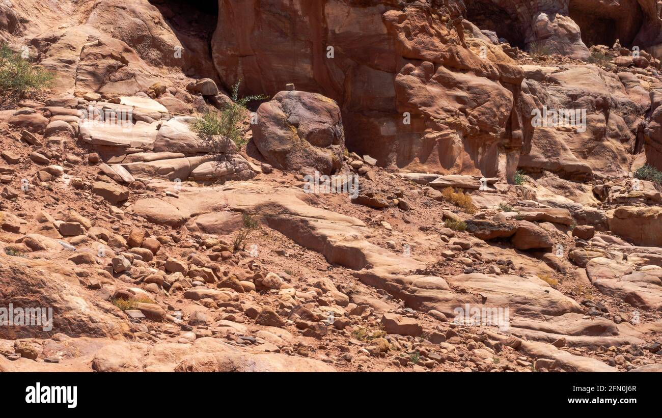 Red-rose sandstone in the form of a skull among the weathered and eroded rock formations Stock Photo