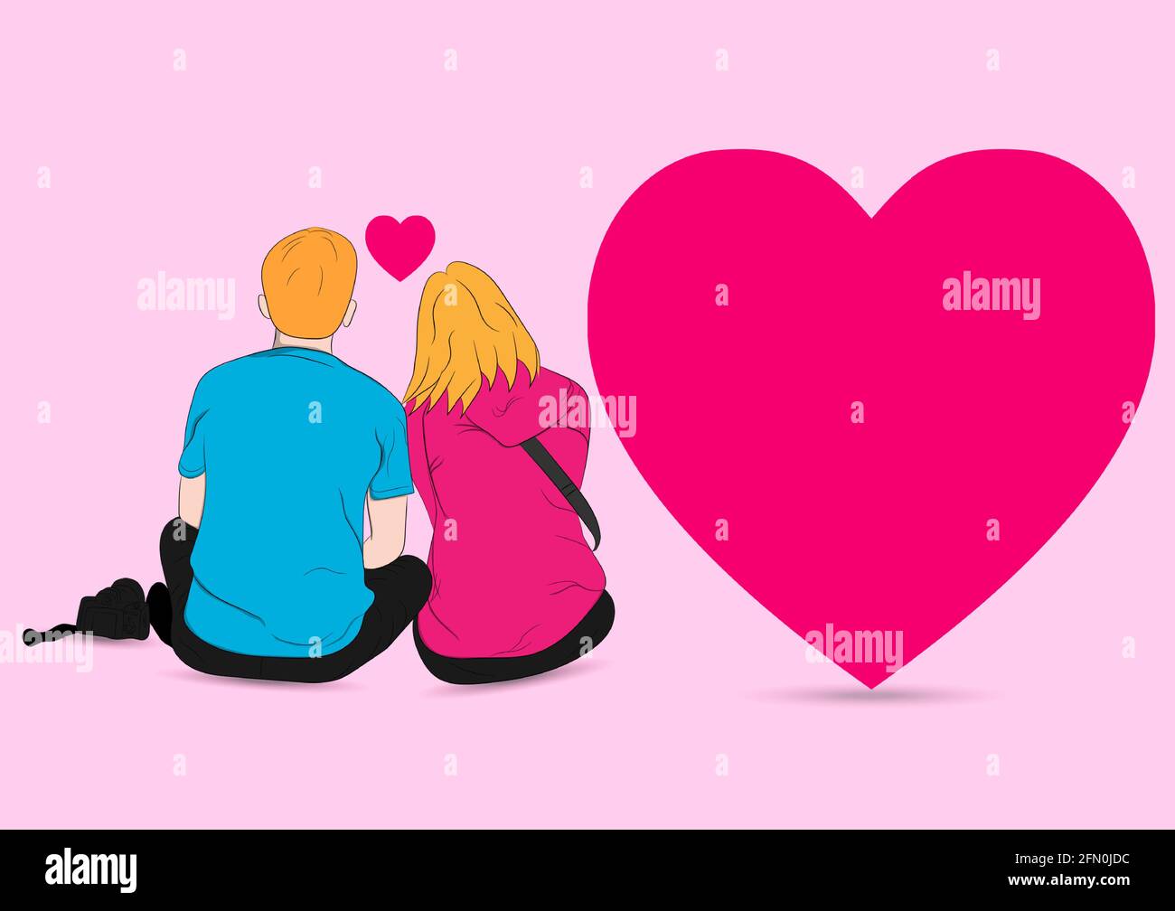 graphics drawing couple boy and girl sit and heart around on pink ...