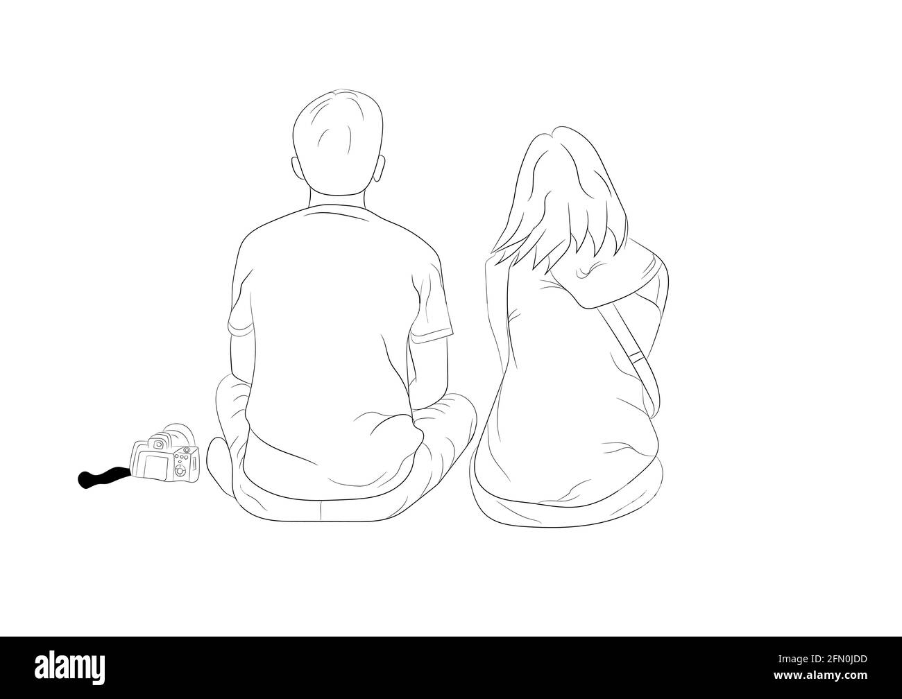 graphics drawing outline couple boy and girl sit on white ...