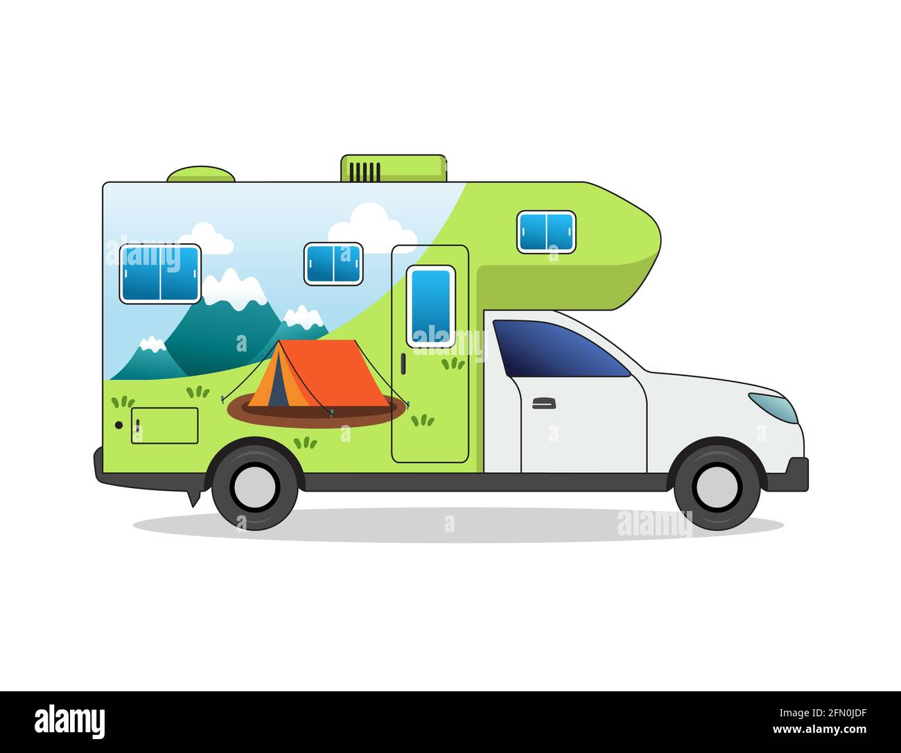 Camping car vector illustration of tent, landscape image. Stock Vector
