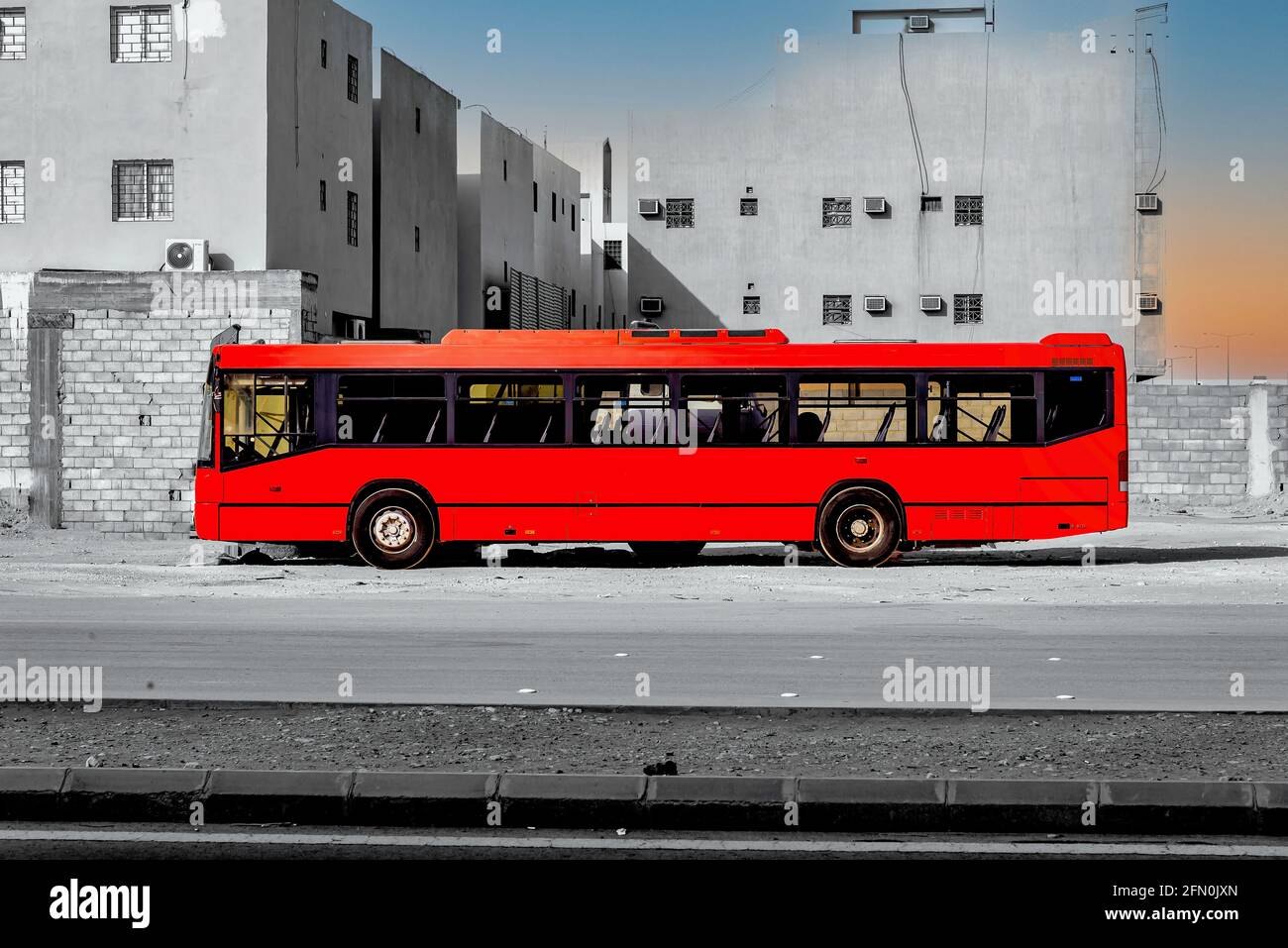 Red Bus and monochrome Stock Photo