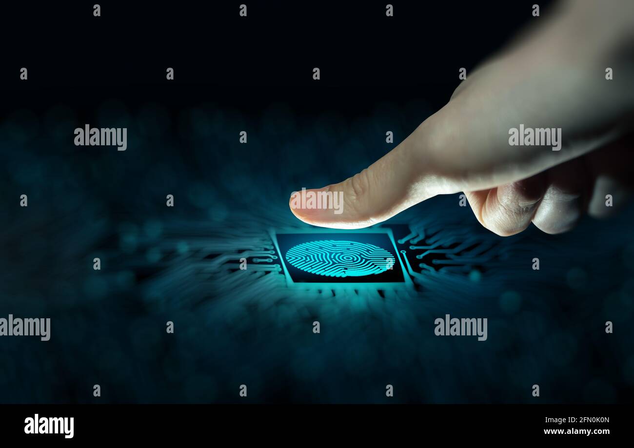 Businessman using fingerprint scan. Fingerprint scan provides access with biometrics identification on the converging point of circuit. Technology. Stock Photo