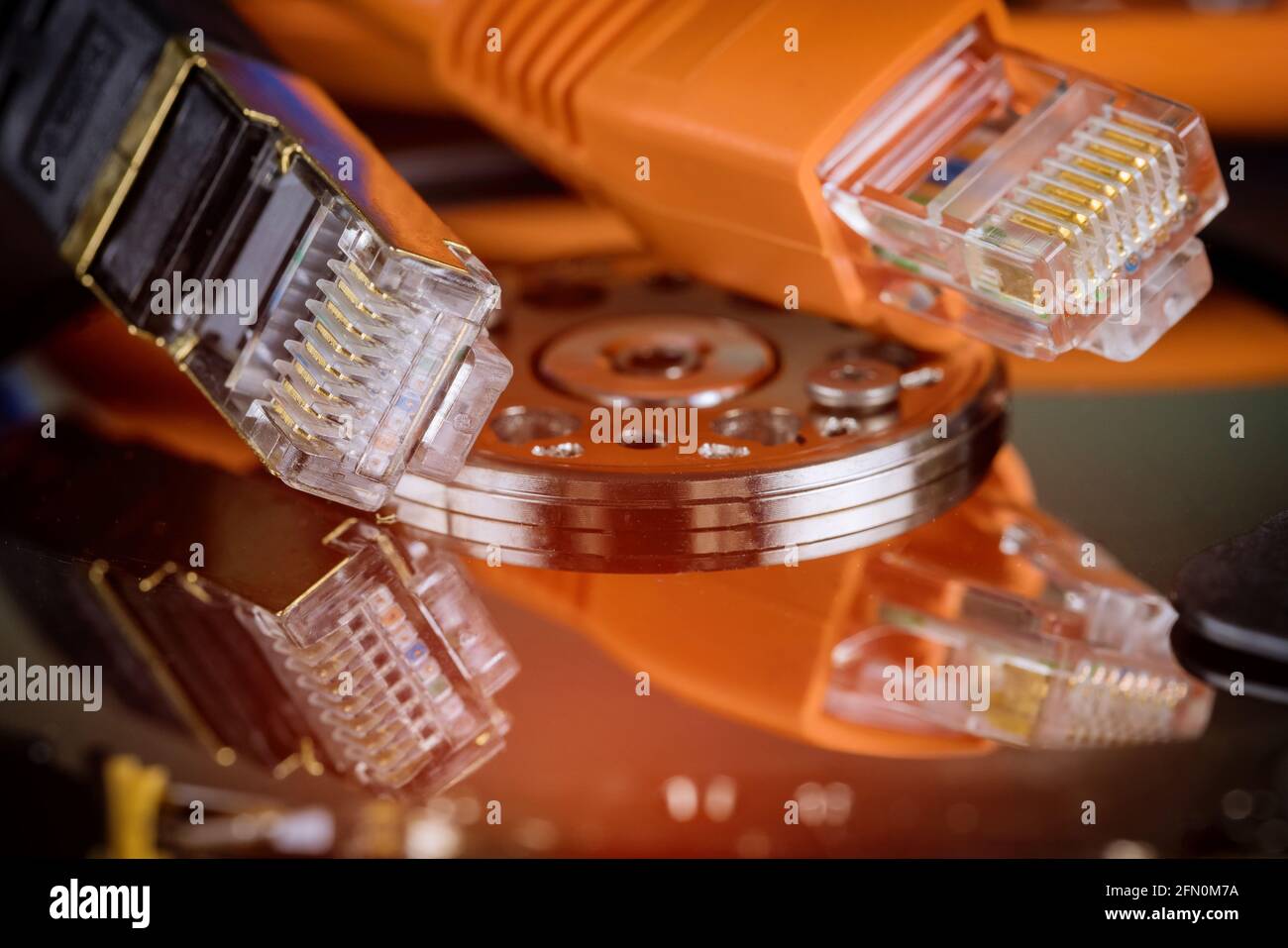 Network Ethernet Cable information transfer, server information storage with online files backup Stock Photo