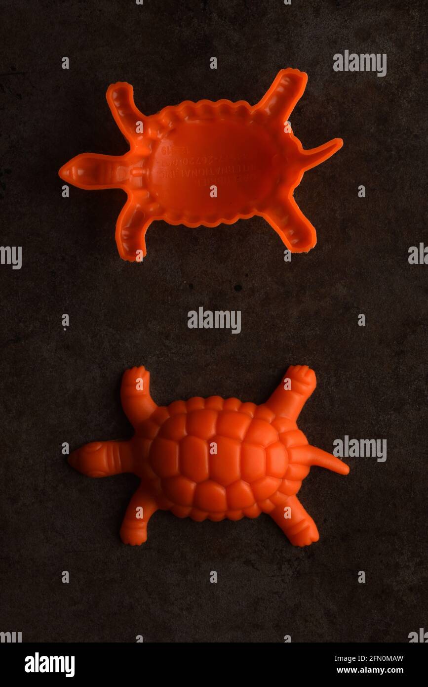 A still life studio vertical image on a tarnished metal background of two orange plastic toy turtles, one upside down Stock Photo