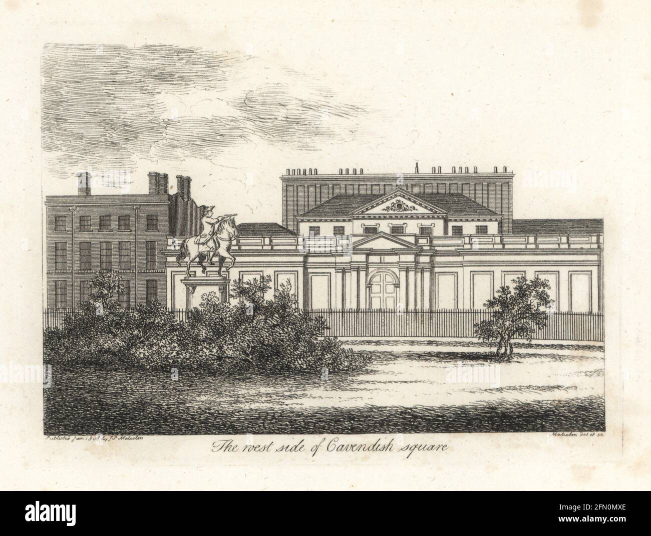 West side of Cavendish Square, London, 1807. Bingley House, a palatial mansion built in 1722 by Thomas Archer for Robert Benson, 1st Baron Bingley, and Francis Shepheard's five-bay house.  Equestrian statue of the Duke of Cumberland, the Butcher of Culloden., removed in 1868. Copperplate drawn and engraved by James Peller Malcolm from his Anecdotes of the Manners and Customs of London during the 18th Century, Longman, Hurst, London, 1808. Malcolm (1767-1815) was an American-English topographer and engraver, Fellow of the Society of Antiquaries. Stock Photo