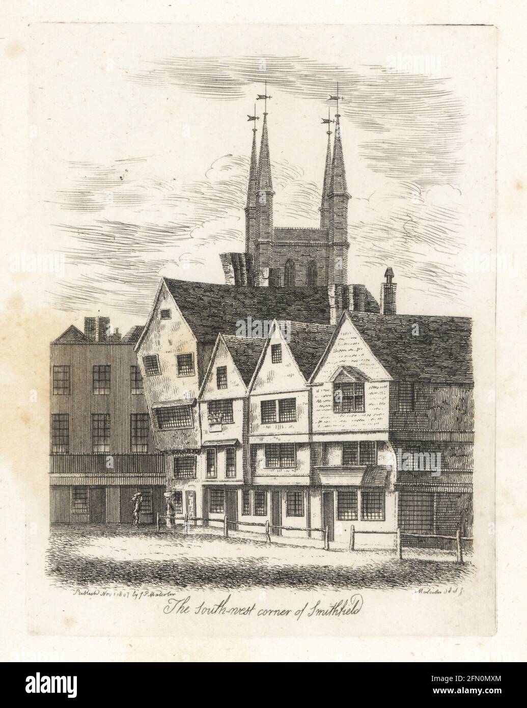 View of the south-west corner of Smithfield livestock market, London, 1807. 17th century gabled timber framed buildings and the tower of St Sepulchre-without-Newgate church. Copperplate drawn and engraved by James Peller Malcolm from his Anecdotes of the Manners and Customs of London during the 18th Century, Longman, Hurst, London, 1808. Malcolm (1767-1815) was an American-English topographer and engraver, Fellow of the Society of Antiquaries. Stock Photo