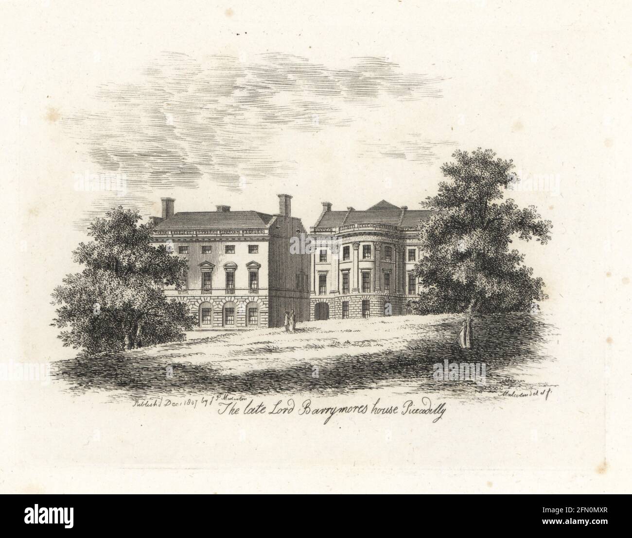 Palladian houses on Piccadilly, London. Hell Gate, 105 Piccadilly, home of the late Richard Barry, 7th Earl of Barrymore, later the Isthmian Club.. Coventry House, 106, later the St. James's Club. Neo-classical mansions viewed from St James Park. Copperplate drawn and engraved by James Peller Malcolm from his Anecdotes of the Manners and Customs of London during the 18th Century, Longman, Hurst, London, 1808. Malcolm (1767-1815) was an American-English topographer and engraver, Fellow of the Society of Antiquaries. Stock Photo