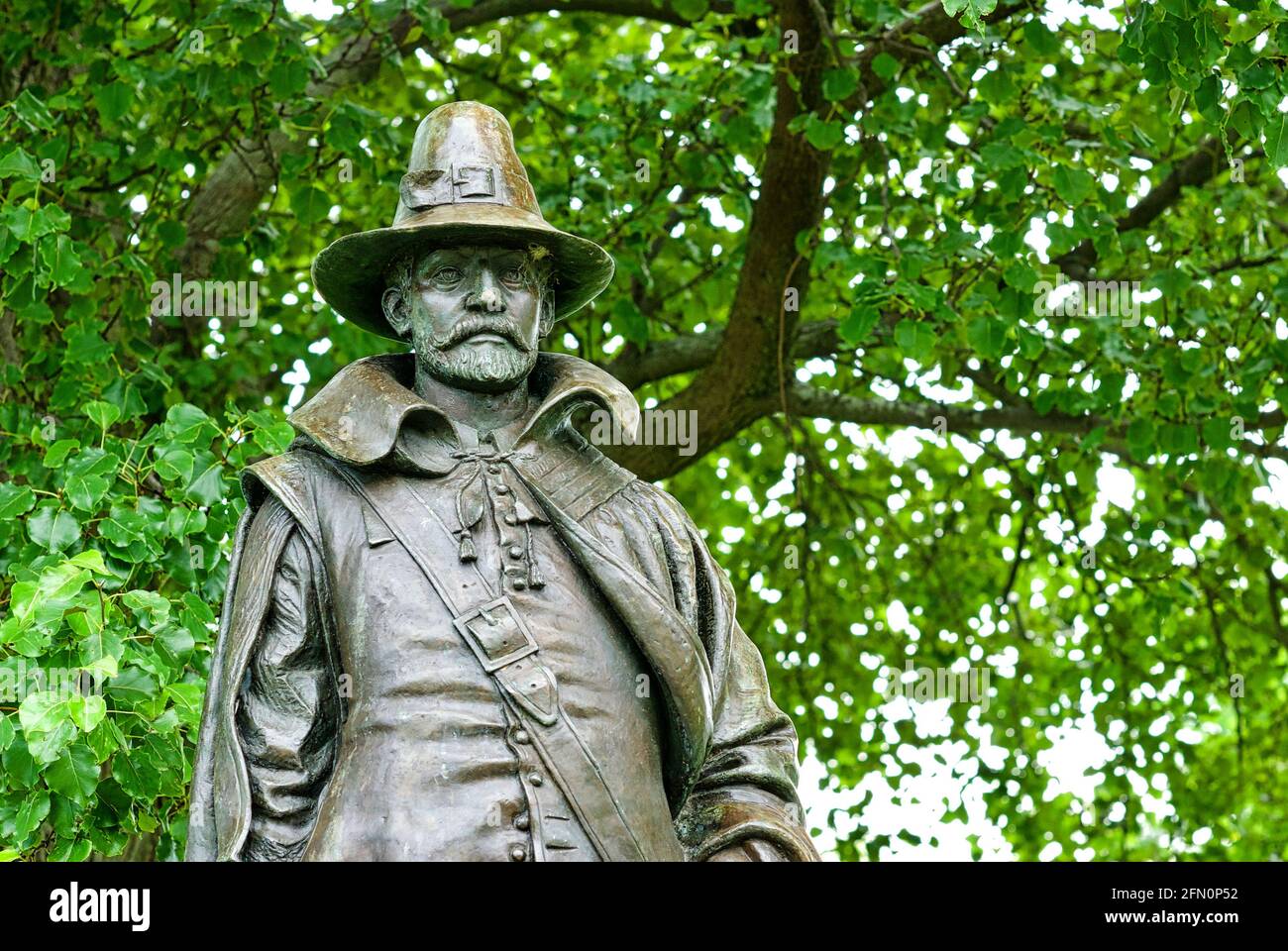 Plymouth, Massachusetts, USA - July 2, 2019: A statue of Plymouth Colony's Governor William Bradford near Plymouth Rock where the Pilgrims landed. Stock Photo