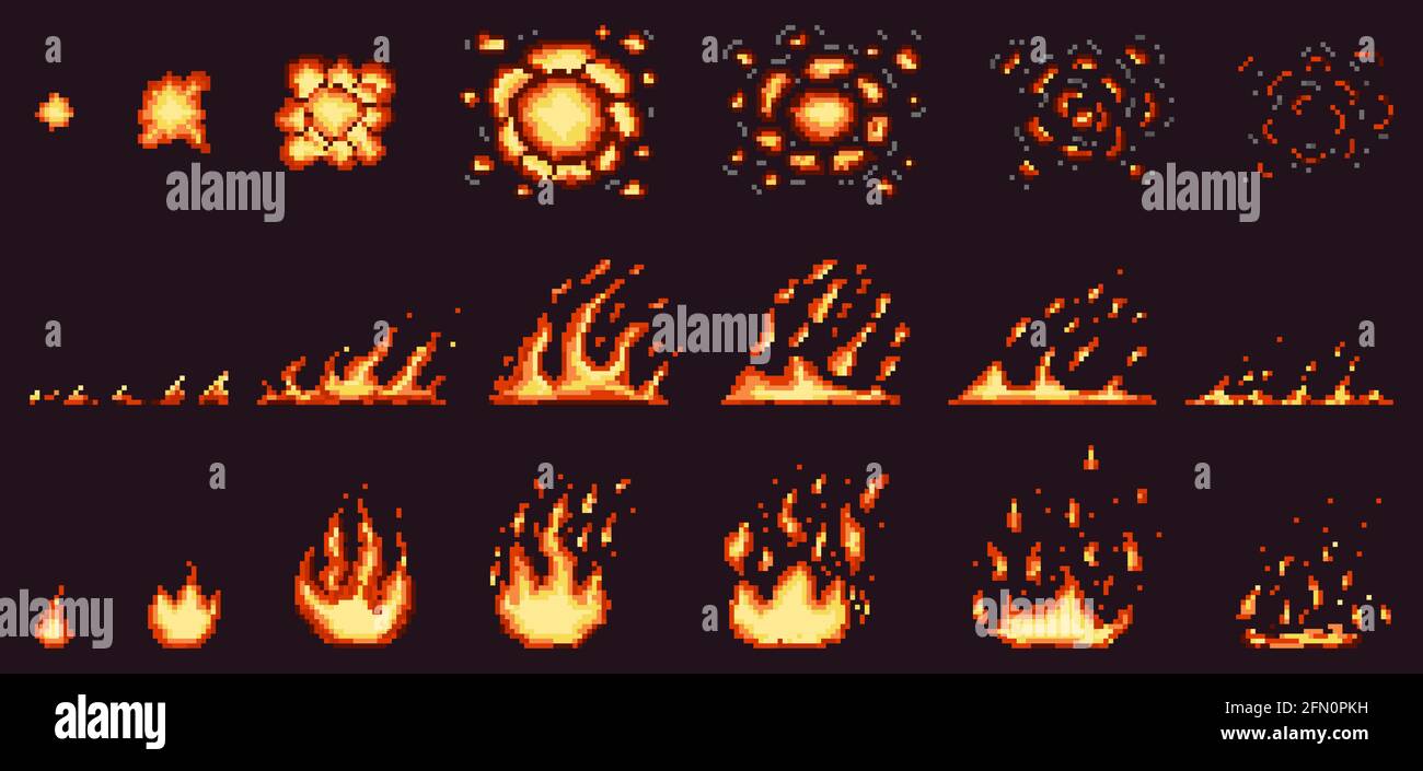 Pixel fire animation. Red hot flame, burning effect fire border and fiery  explosion vector illustration set. Pixelated 8 bit game fire flames steps  Stock Vector Image & Art - Alamy
